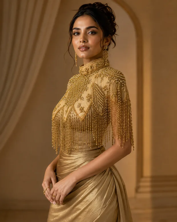 The Aurum Cascade — finely beaded gold caplet with dense floral yoke and cascading bead fringe, luxury occasionwear Canada